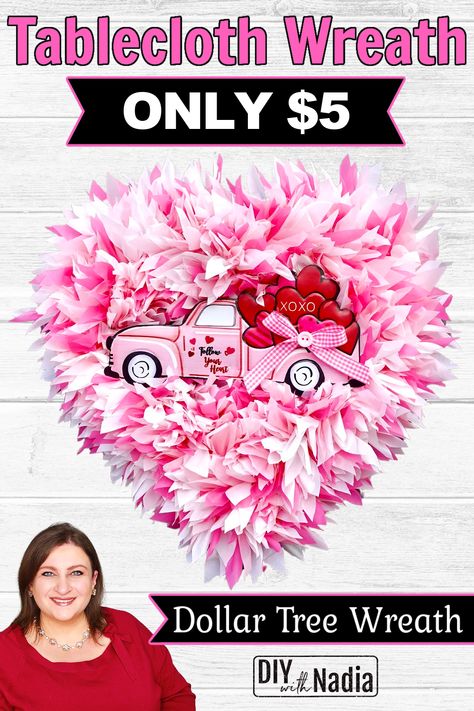 Mesh Heart Wreath Diy, Table Cloth Wreaths Diy, Dollar Tree Heart Wreath Diy, Valentines Wreath Dollar Store, Tablecloth Wreaths, Dollar Tree Valentines Diy Ideas, Tablecloth Wreath, Valentine Wreath Tutorial, Lilac Wreath