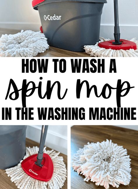 text says how to wash a spin mop in the washing machine. Three photos of the o-cedar spin mop with the mop bucket and mop head. Cleaning Spin Mop Head, Washing Walls With Spin Mop, Cleaning Mop Head, How To Clean O Cedar Mop Head, How To Clean Mop Head, Ocedar Mop Hack, O Cedar Spin Mop Cleaning Solution, Cleaning Walls With Spin Mop, O Cedar Spin Mop Hacks