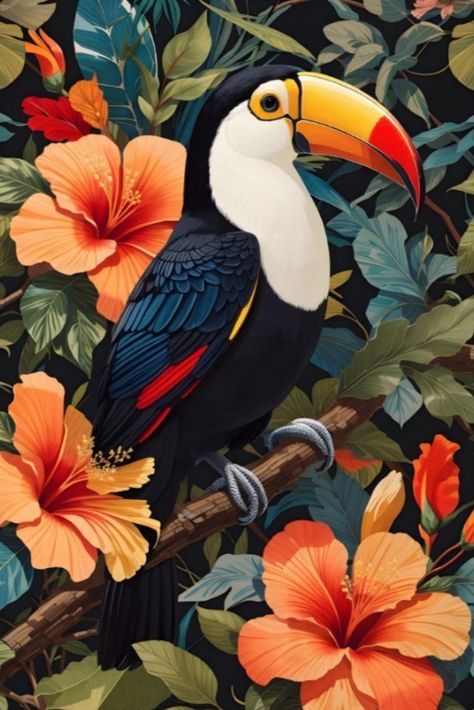 Tropical Jungle Toucan Bird Poster Poster Animal Design, Tropical Animals Art, Jungle Art Painting, Bird Murals, Jungle Drawings, Jungle Art Tropical, Tropical Illustration Graphics, Tropical Bird Painting, Toucan Drawing