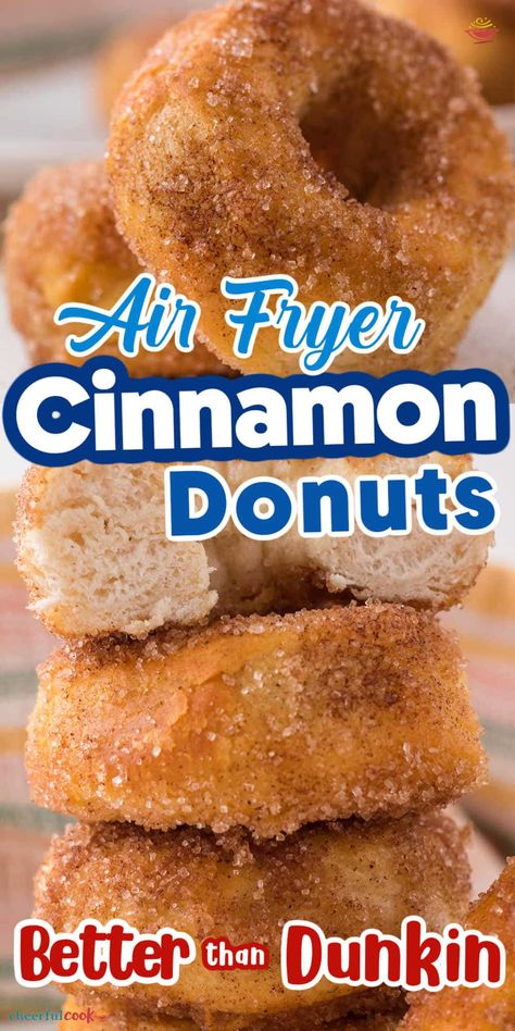 Transform Pillsbury biscuits into golden, cinnamon-sugar-coated donuts with this simple air fryer recipe. A delightful treat that's both easy to make and irresistibly tasty. Perfect for a family breakfast or a sweet snack any time! #CheerfulCook #AirFryerDonuts #AirFryerDesserts #CinnamonDonuts #EasyAirFryerRecipes ♡ cheerfulcook.com Air Fry Biscuit Doughnut, Air Fryer Doughnuts Easy, Air Fryer Doughnut Recipes Biscuit, Air Fryer Cinnamon Sugar Donut Holes, Donuts From Biscuits Air Fryer, Air Fry Donuts From Biscuits, Breakfast In The Air Fryer, 5 Min Breakfast Ideas, Air Fryer Donut Recipes