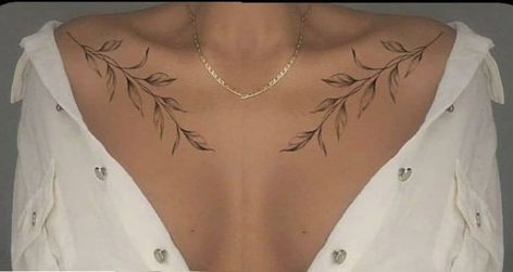 Floral Collar Bone Tattoos For Women, Marigold Collar Bone Tattoo, Self Value Tattoo, Cherry Blossom Hip Tattoos Women, Color Bone Tattoos For Women Unique, Aesthetic Lower Back Tattoos, Collarbone Tattoo Leaves, Minimal Collar Bone Tattoo, Matching Collar Bone Tattoos