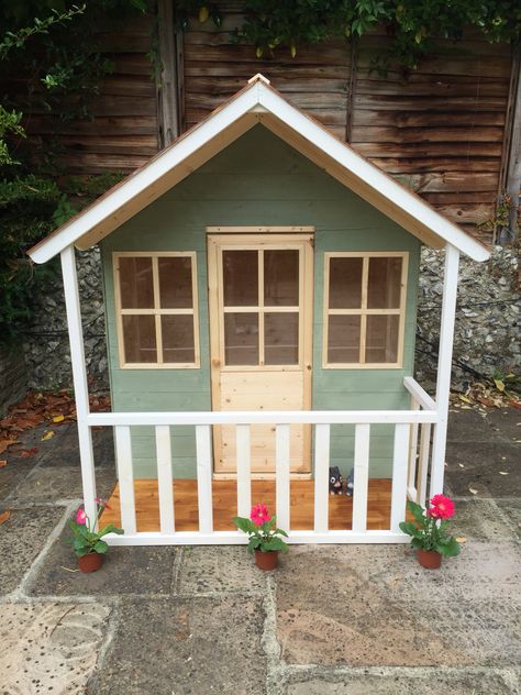 Wendy house / Play house exterior painted in Cuprinol Willow Painted Wendy House, Wendy House Ideas Cottages, Cuprinol Willow, Wendy House Ideas, Painted Playhouse, Cottages Modern, Play House Ideas, Kids Cubby Houses, Kids Cubby