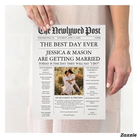 Fun Wedding Program, Folded Newspaper, Wedding Crossword Puzzle, Fun Wedding Programs, Newspaper Wedding, Newspaper Wedding Programs, Newspaper Program, Printable Programs, Newspaper Layout