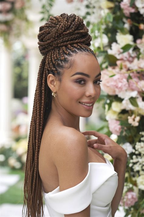 Discover the beauty of this elegant braided updo, perfect for showcasing your natural hair in 2024. This stunning hairstyle combines intricate twists with vibrant red beads for a bold statement. Quick and easy to create, this braided updo elevates your look, making it ideal for weddings or special events. Explore the versatility of braided hairstyles for black women and find your next favorite style! #braidedhairstylesforblackwomen Braids Styling Ideas For Wedding, Box Braids Bride, How To Style Braids For A Wedding, Elegant Braids For Black Women, Wedding Braids Black Women, Formal Braided Hairstyles, Elegant Braided Updo, Braids For Wedding, Wedding Hairstyles With Braids