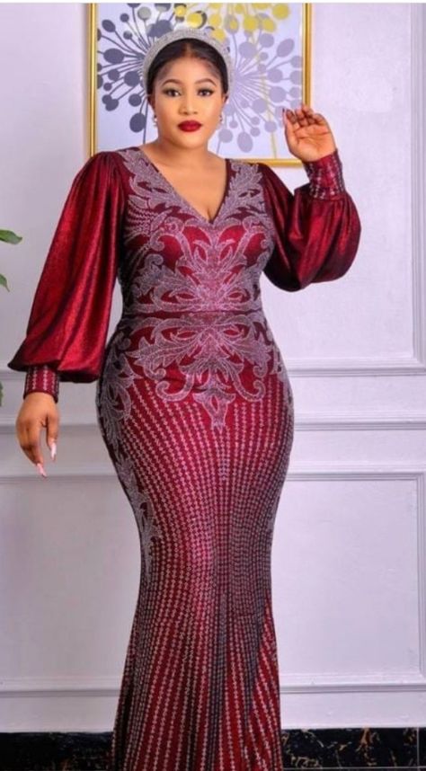 Wine Lace Styles For Wedding, Lastest Fashion Outfit, Velvet Sequence Gown Styles In Nigeria, Sequins Gown Styles, Agbada Lace, Sequence Gown Styles In Nigeria, Straight Gown Styles, Sequence Gown Styles, Asoebi Outfit