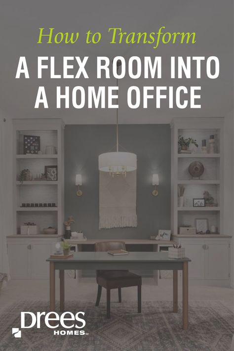 A blank flex room is transformed into a stunning home office complete with built-in bookcases. Home Office Flex Room, Flex Room Ideas Offices, Repurpose Dining Room Space, Home Office Floor Plan, Converted Dining Room, Dining Room To Home Office, Office Family Room, Front Room Office, Repurpose Dining Room