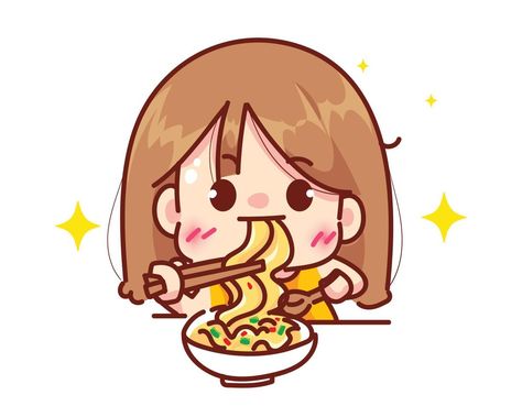 Cute girl eating noodles or ramen restaurant logo concept cartoon character hand draw art illustration Eating Character, Ramen Logo, Eating Drawing, Eat Logo, Eating Noodles, Banana Roll, Business Card Design Black, Girl Eating, Eating Ramen