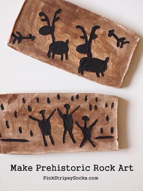 Make a prehistoric rock art with kids! Carve and Paint your own rock art! -Repinned by Totetude.com Archaeology For Kids, Stone Age Art, Prehistoric Age, Prehistoric Art, Cave Paintings, Stone Age, Elementary Art, Art Activities, Art Plastique