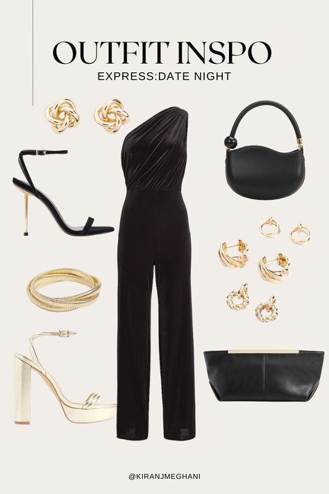 Date night outfit inspo with @express 

black jumpsuit gold heels jumpsuit express clothing gold earrings black heels strappy heels platform heels pants black purse clutch should bag shoe crush hoops studs bracelets date night ideas date night outfit inspiration girls night out outfit ideas celebrity style stlye guide style tips blogger vlogger Black Platform Heels Outfit, Black Jumpsuit Outfit Night, Party Outfit Night Classy, Black Heels Strappy, Platform Heels Outfit, Classy Jumpsuit Outfits, Holiday Party Outfit Work, Express Clothing, Reunion Outfit