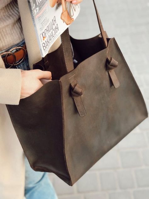 Handmade Leather Tote Bag, Handmade Leather Tote, Tote Bag With Zipper, Tote Bag With Pockets, Brown Leather Tote Bag, Tote Bag Custom, Leather Tote Bag Women, Brown Tote Bag, Large Leather Tote Bag