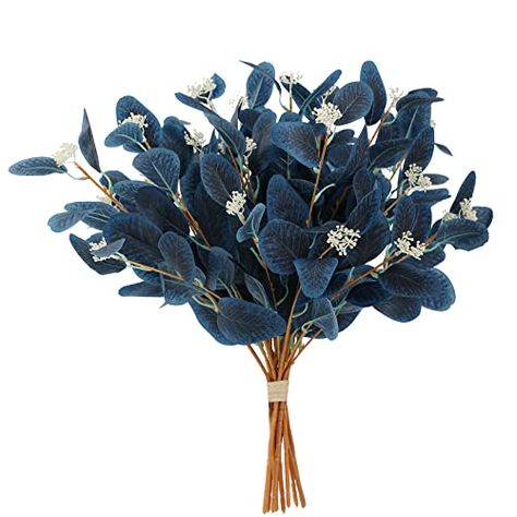 Sage Green And Navy Blue Bridal Shower Ideas, Dried Blue Flowers, Navy And Gold Flower Arrangements, Navy Flower Arrangements, Navy Blue Table Decor, Match Aesthetic, Aesthetic Navy, Townhouse Decor, Fake Eucalyptus