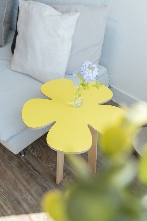 make any room bloom with our flower power inspired collection of side tables, stools, table-top risers, coasters and even wall décor! its flat-pack and mobile furniture so take it out on the balcony, patio, or park. all garden tabletops are designed to hang on the wall too. this flower no. 4 retro Mobile Furniture, Side Tables For Bedroom, Unusual Furniture, Balcony Patio, Yellow Table, Table Bedside, Living Room Side Table, Simple Bedroom, Coffee And End Tables