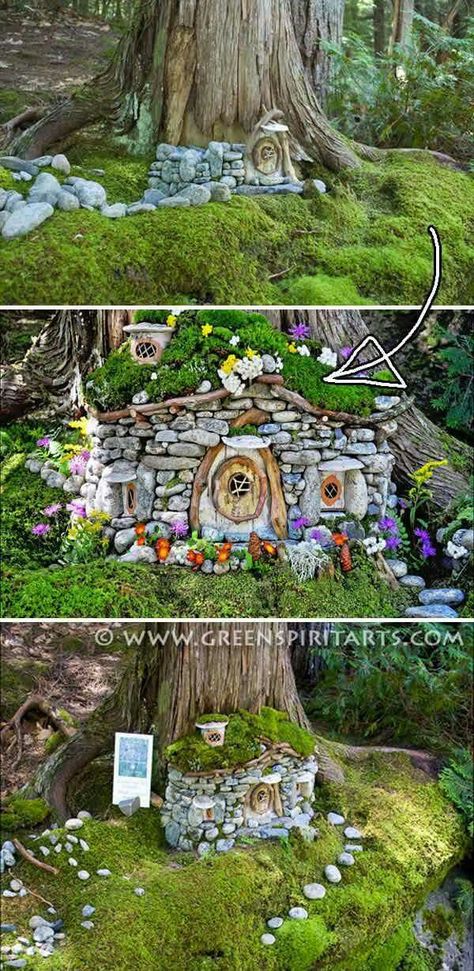 Miniature Stone Houses Fairy Tree Houses, Fairy House Diy, Fairy Garden Designs, Fairy Garden Crafts, Faeries Gardens, Fairy Tree, Fairy Garden Houses, Garden Fairy, Diy Fairy