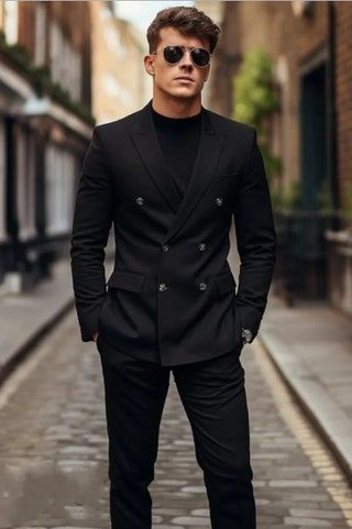 Black Suit Men Outfit Classy, Mens Tuxedo Photoshoot, Black Suit Double Breasted Men, Black Coat Outfit Men Formal, Double Breasted Suit Men Casual, Modern Suit For Men, Black Suit For Men Wedding, Black Double Breasted Blazer Outfit, Wedding Suits Men Black Tuxedos