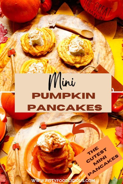 Mini Pumpkin Pancakes - Fitty Foodlicious Mini Pumpkin Pancakes, Small Batch Pumpkin Pancakes, Pumpkin Pancakes Easy, Spice Pancakes, Pumpkin Chili Recipe, Fall Recipes Breakfast, Pumpkin Spice Pancakes, Pumpkin Pancake Recipe, Pancake Bites