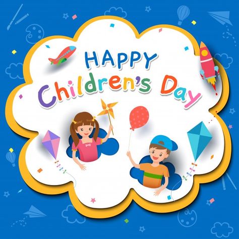 Happy children's day with boy and girl p... | Premium Vector #Freepik #vector #frame #school #party #card Children's Day Poster, International Children's Day, Kids Day, Festival Image, Happy Children, Happy Children's Day, Children's Day, Banner Template Design, 3d Background