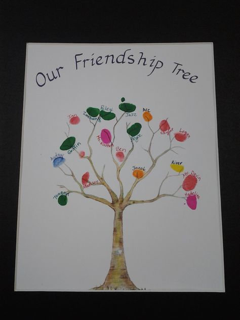 As a welcome to class project, our kindergarten class made friendship trees. Each student put their thumb print on the tree with their name next to it. Every student got a copy to take home. #edchat #kindergarten Friendship Preschool Crafts, Friendship Activities Preschool, Mlk Crafts, Preschool Friendship, Friendship Tree, Friendship Crafts, Friendship Lessons, Friendship Theme, Friendship Activities