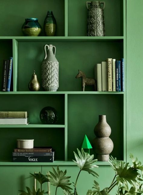 Wall Bookshelf Ideas, Minimal Bookshelf, Green Bookshelf, Green Bookshelves, Green Shelf, Pantry Redo, Next Living Room, Green Shelves, Painted Bookshelves