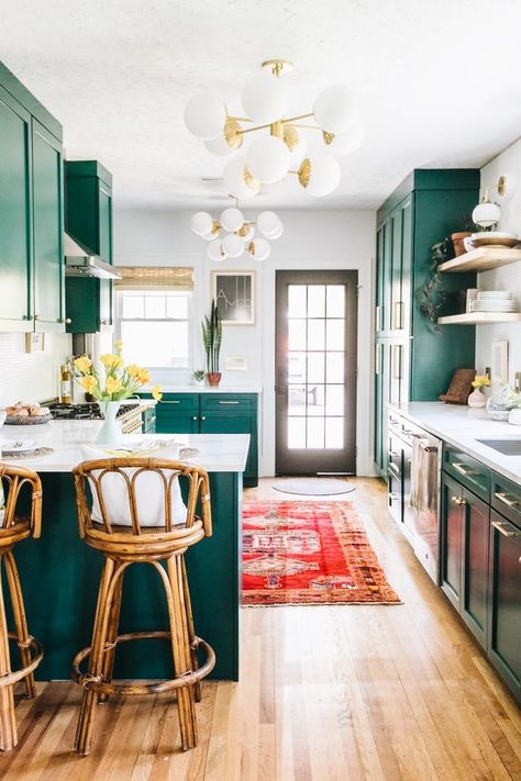 Boho Rooms, Craftsman Bungalow, Green Kitchen Cabinets, Feeling Inspired, One Room Challenge, Deco Retro, Craftsman Bungalows, Dark Kitchen Cabinets, Room Challenge