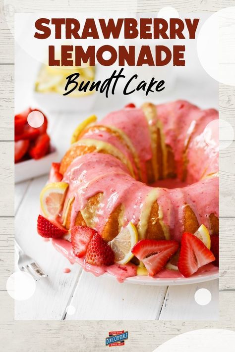 A sour cream dream of a bundt cake with lemonade and strawberry glaze. It's tart and tangy and perfect for your baby and wedding shower guests. For more shower recipes and ideas visit DixieCrystals.com and pin your favorites! Made this cake? Show us! #dixiecrystals #babyshowerrecipes #lemonaderecipes #weddingshowerideas Strawberry Lemonade Pound Cake Recipe, Strawberry Lemonade Pound Cake, Strawberry Lemonade Cake, Lemonade Cake, Strawberry Recipe, Bundt Recipes, Bundt Cake Recipe, Cake Mug, Strawberry Glaze