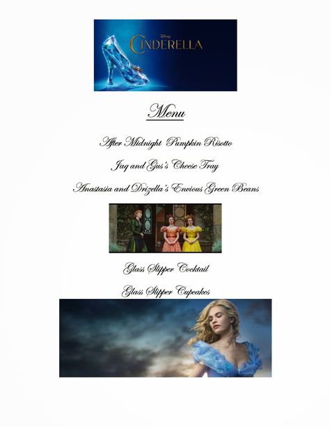 Reel Fancy Dinners: Cinderella Dinner Cinderella Dinner, Movie Treats, Disney Meals, Disney Movie Night Menu, Theme Dinners, Movie Recipes, Disney Themed Movie Night, Disney Movie Night Dinner, Recipes Disney