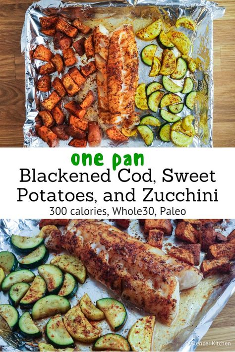 Sweet Potatoes And Zucchini, Blackened Cod, Potatoes And Zucchini, Slender Kitchen, Dietrich Bonhoeffer, Cod Recipes, Recipe 30, Paleo Dinner, Sheet Pan Dinners