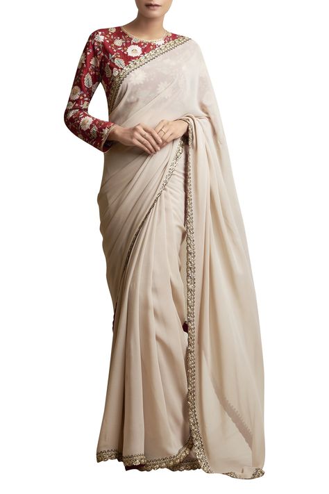 Luxury Cream Pre-draped Saree With Zari Work, Designer White Raw Silk Pre-draped Saree, Cream Pre-draped Saree With Zari Work, Embroidered White Tissue Silk Pre-draped Saree, White Bollywood Style Pre-draped Raw Silk Saree, Long Sleeve Saree Blouse, White Sari, White Saree, Blouse Online