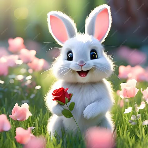 Animals Holding Flowers, Animals Smelling Flowers, Bunny Holding Flowers, Bunny Holding Heart, Bunny Smelling Flower, Tiger Spirit Animal, Tiger Spirit, Cute Bunny Pictures, Cute Animal Clipart