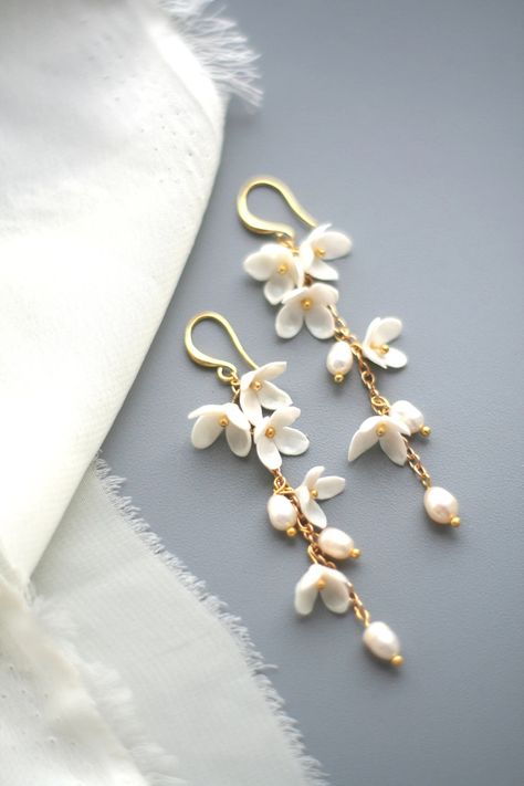 Long Pearl Earrings, Flower Bridal Earrings, Flower Wedding Earrings, White Floral Earrings - Etsy Flower Wedding Earrings, White Flower Necklace, Cute White Flower Earrings, Ethereal Earrings, Delicate Bridal Earrings, Flower Pearl Earrings, Long Bridal Earrings, Earring Inspo, White Flower Earring