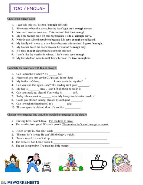 Too or enough online worksheet for grade 3 elementary. You can do the exercises online or download the worksheet as pdf. English Conversation Worksheets, To Too Two, English Conversation Learning, English Grammar Exercises, Nouns And Pronouns, Worksheets For Grade 3, Grammar Exercises, Basic Grammar, Free Preschool Worksheets