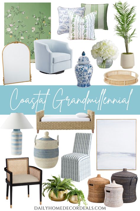 Coastal Grandmillennial Home Decor Style Do you love a mix of coastal and grand millennial design styles? Then you just may be a coastal grandmother. This new style trend includes a heavy emphasis on the coastal design style with lots of crisp whites, soft blues, textures, and greenery. Think Nancy Meyer movies (Something’s Gotta Give,… Read more The post Coastal Grandmilllennial Home Decor Style appeared first on Interior Design for Beginners. Coastal Grandma Chic, Grandmillennial Home, Interior Design For Beginners, Millennial Design, Grandmother Style, Coastal Design Style, Budget Friendly Home Decor, Grandma Chic, Design For Beginners