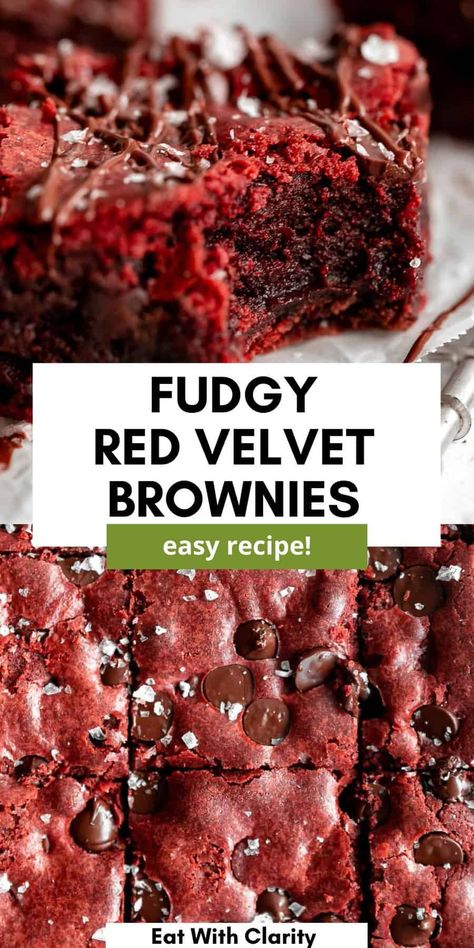 These fudgy red velvet brownies are easy to make, gluten free and loaded with chocolate chips. These brownies are rich, indulgent and made in one bowl. With a buttery flavor, fudgy texture, these dairy free brownies are the perfect valentines day dessert. Red Velvet Traybake, Fudgy Red Velvet Brownies, Red Velvet Brownies From Box Cake Mixes, Red Velvet Bars, Gathering Recipes, Red Velvet Brownies Recipe, Valentines Day Dessert, Red Velvet Desserts, Velvet Brownies