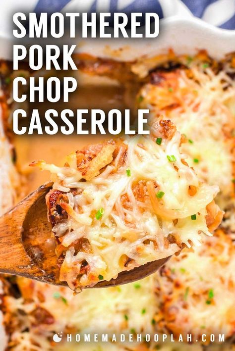 Smothered Pork Chop Casserole! This crowd-pleasing smothered pork chop casserole has tender pork chops baked on a bed of potatoes, onions, and a savory cream sauce, then topped with cheese. | HomemadeHooplah.com Crockpot Pork Chop Casserole, Casserole With Pork Chops, Pork Chops And Au Gratin Potatoes, Pork Chops For A Crowd, Pork Loin Casserole, Porkchops Casserole, Pork Chop Casserole Recipes, Pork Chops Baked, Pork Sirloin Chops