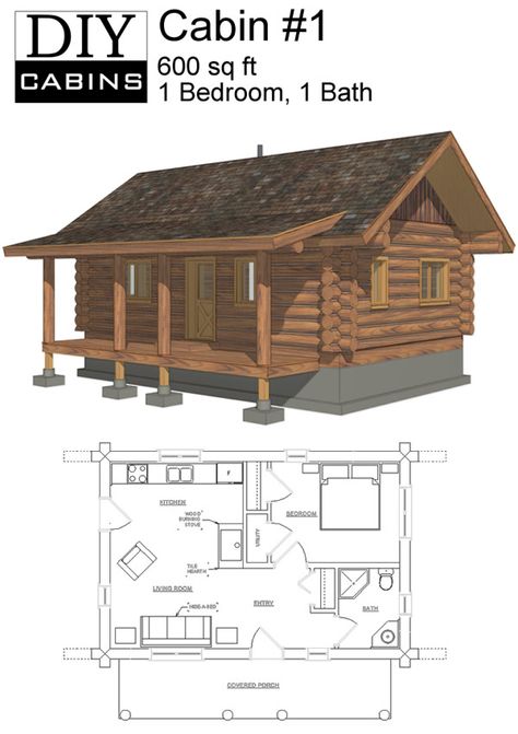 Log Cabin #1 is a 600 sq ft, 1 bedroom and 1 bathroom design. Designed using a 12" average log, this cabin is perfect for the simple getaway cabin. It also has a 6'x26' covered porch at the front.  Add an optional wood burning fireplace to create the perfect feel. Log Cabin Flooring, Small Cabin House, Diy Cabins, Log Cabin Plans, Log Cabin Floor Plans, Small Cabin Plans, Diy Cabin, Small Log Cabin, Cabin Floor