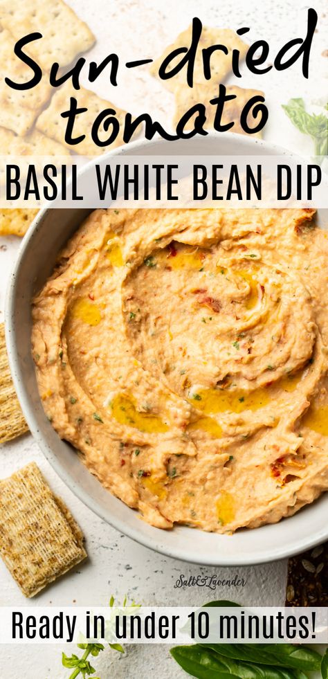 White Bean Dip With Roasted Tomatoes, Tomato Basil Dip, Basil Dip Recipes, Sun Dried Tomato Dip, Tomato White Bean, Basil Dip, White Bean Dip Recipe, Sundried Tomato Dip, Bean Dip Recipe