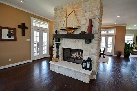 Standalone Fireplace, Open Kitchen Great Room, Fireplace Double Sided, Rustic Glam Home, Through Fireplace, Corner Wood Stove, Kitchen Great Room, Best Decor Ideas, Fireplace Interior