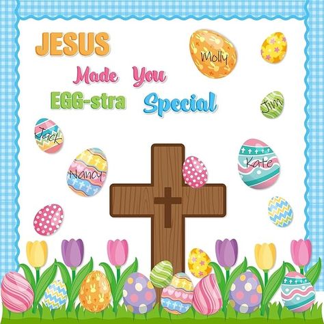 Amazon.com : CY2SIDE 85PCS JESUS Made you EGG-stra Special Cutouts for Bulletin Board Border Set Easter Eggs Cutout Name Tag Christian Cross Church Theme Trim Border Religious Sunday Classroom Bulletin Board Decor : Office Products Easter Board Ideas, Easter Kids Church, Christian Easter Bulletin Board Ideas, Christian Easter Printables, Easter Classroom Decorations, Jesus Bulletin Boards, Christian School Bulletin Boards, Religious Bulletin Boards, Easter Bulletin Boards