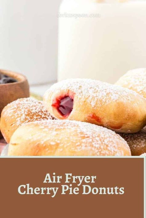 Air Fryer Filled Donut Recipes, Cherry Filled Donut Recipe, Air Fryer Cherry Pie, Bisquick Donuts Air Fryer, Donuts From Biscuits Air Fryer, Pilsbury Biscuit Donut Recipes Air Fryer, Air Fry Biscuit Doughnut, Fried Dessert, Chocolate Glazed Donuts