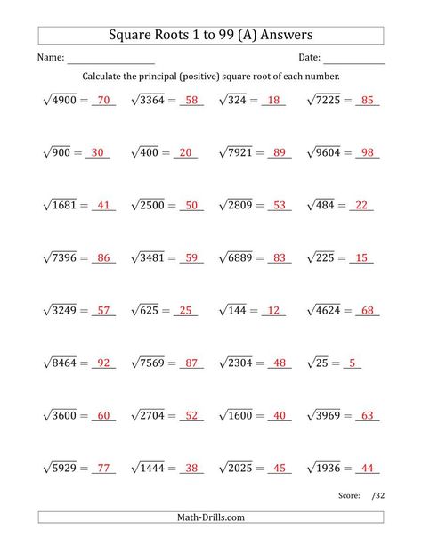 Square Root Worksheet Pdf Principal Square Roots 1 to 99 A Math Square Roots, Square Roots Worksheet, Estimating Square Roots, Area Model Multiplication, Partial Products, Simple Fractions, About Me Poster, Place Value Worksheets, Grade 6 Math