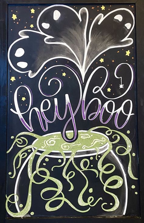 A Halloween-themed decorative chalkboard sign. "Hey Boo" is written in script above a bubbling cauldron, and three spooky ghosts fly above in the night sky Fall Chalkboard Art, Halloween Chalkboard Art, Chalk Wall Art, Chalkboard Art Diy, Starbucks Art, Fall Chalkboard, Chalkboard Art Quotes, Chalkboard Wall Art, Halloween Chalkboard