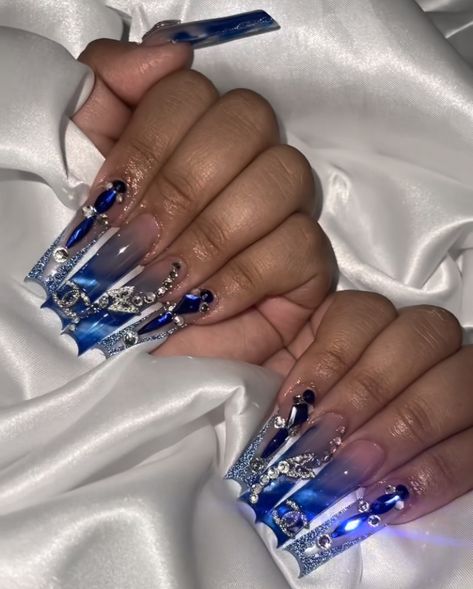 Blue Dramatic Nails, Long Blue Nail Designs, Blue Nails Extra, Blue Freestyle Nails, Blue Birthday Nails, Blue Bling Nails, Blue Prom Nails, Quinceanera Nails, Acrylic Nail Set