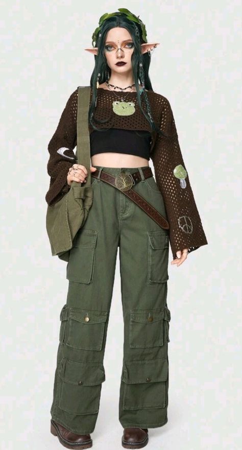 Fairycore Outfit Pants, Flap Pocket Cargo Jeans, Fairy Core Outfits, Fairycore Outfit, Forest Fashion, Core Outfits, Character Clothing, Goblin Core, Fairy Grunge