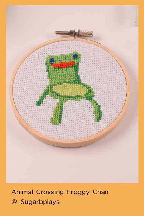 Frog Chair Animal Crossing, Cross Stitch Patterns Animal Crossing, Frog Furniture, Frog Pixel Art, Animal Crossing Cross Stitch, Frog Cross Stitch, Froggy Chair, Chair Diy, Stitch Character