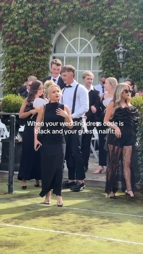 Asking Wedding Guests To Wear Black, Guests Wearing All Black To Wedding Photos, Wedding With Black Dress Code, Black Tie Wedding Black People, All Black Wedding Guests Photos, Dress Code Theme, Black Wedding Guest Attire, All Black Formal Attire, Attire For Wedding