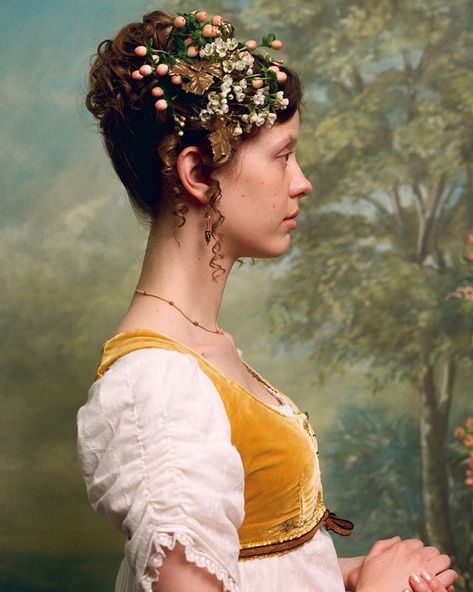 Harriet Smith, Emma 2020, Mia Goth, A Woman, Yellow, Flowers, Hair, Pink, Gold