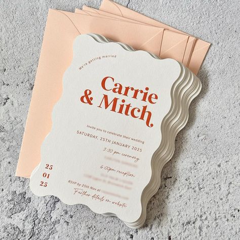 Wavy-shaped wedding invitations featuring bold burnt orange text on crisp white card, perfectly paired with peach envelopes 🍑✨ Shop our 'Camilla' collection online. . . . #WeddingInvitations #WeddingPlanning #WeddingStationery #BrideToBe #WeddingInspo #WeddingDetails #ElegantInvitations #WeddingStyle #WeddingTrends2024 #colourfulwedding #modernbride #InvitationDesign #weddingstory Invitation Creative, Creative Wedding Invitations, Wedding Styling, Happy Birthday Parties, Elegant Invitations, Custom Wedding Invitations, Wedding Story, Birthday Party Supplies, Invitation Design