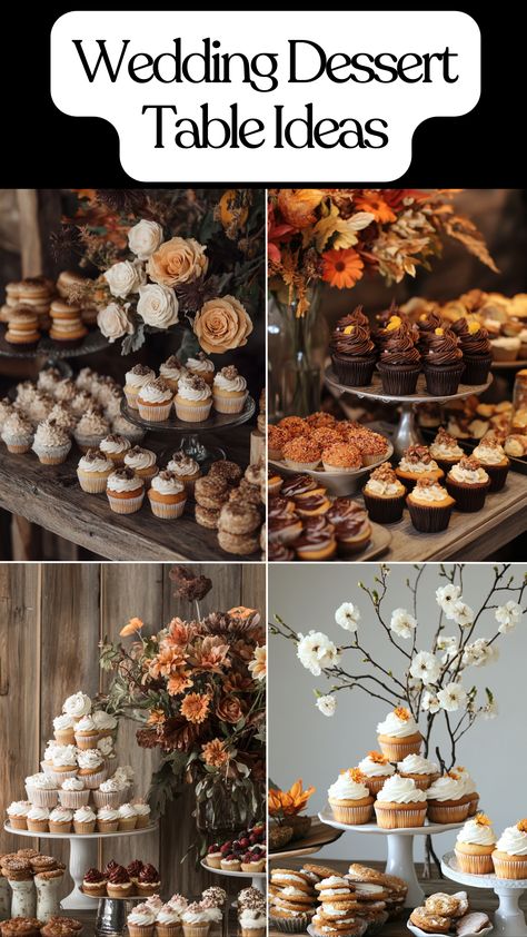 Elegant rustic wedding dessert table with cupcakes, cookies, and fall-inspired treats. Dessert Table Fall Wedding, Terracotta Wedding Dessert Table, Mini Dessert Bar Wedding, Dessert Table Ideas Wedding Elegant, Thanksgiving Dessert Display, Mexican Wedding Dessert Table, Cookie Dessert Table, Wedding Dessert Table Display, Dessert Table Display Ideas