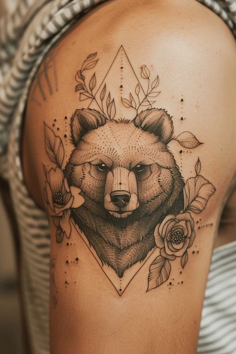 Fierce Bear Tattoo Ideas With Strong Symbolism Bear And Flowers Tattoo, Bear Tattoos Women, Floral Bear Tattoo, Mom Bear Tattoo, Mama Bear And Cubs Tattoo, Aaliyah Tattoo, Bear Outline Tattoo, Feminine Bear Tattoo, Teddy Bear Tattoo Designs