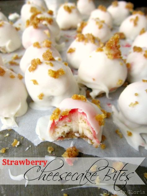 White Chocolate covered Strawberry Cheesecake Bites - SimplyGloria.com #cheesecake #dessert Chocolate Covered Strawberry Cheesecake, White Chocolate Covered Strawberries, Chocolate Strawberry Cheesecake, Strawberry Cheesecake Bites, White Chocolate Covered, White Chocolate Strawberries, Chocolate Covered Strawberry, Pink Foods, Cheesecake Bites