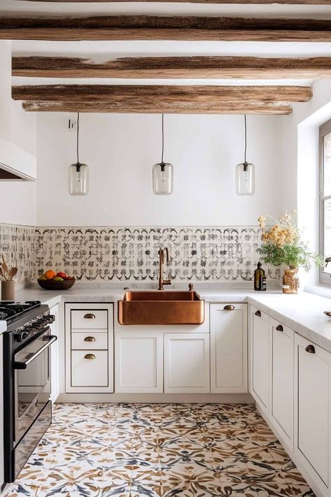 60 Spanish-Style Kitchen Ideas (Mediterranean Design) Spanish White Kitchen, Spanish Style Kitchen Ideas, Modern Spanish Style Kitchen, Spanish Modern Kitchen, Spanish Tile Kitchen, Spanish Inspired Kitchen, Modern Spanish Kitchen, Spanish Revival Kitchen, Spanish Kitchen Decor